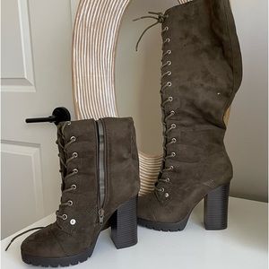 Khaki Lace-up Knee High Boots